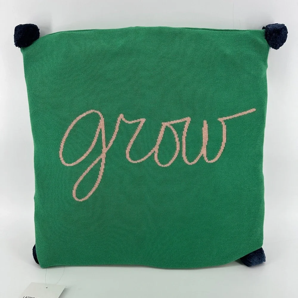 Latter-Day Home Grow Embroidered Throw Pillow Green Pink Script Pom Poms 18x18